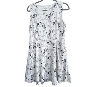 Cat Print Novelty Skater Dress with Pockets White Black Size Large L